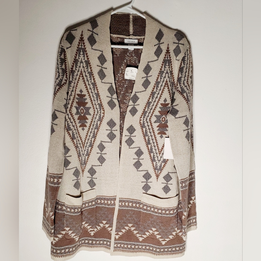 NWT Kenar sz XL 18%Wool Aztec Open Pockets Nude Soft Toned Cardigan Sweater